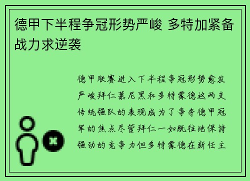 德甲下半程争冠形势严峻 多特加紧备战力求逆袭